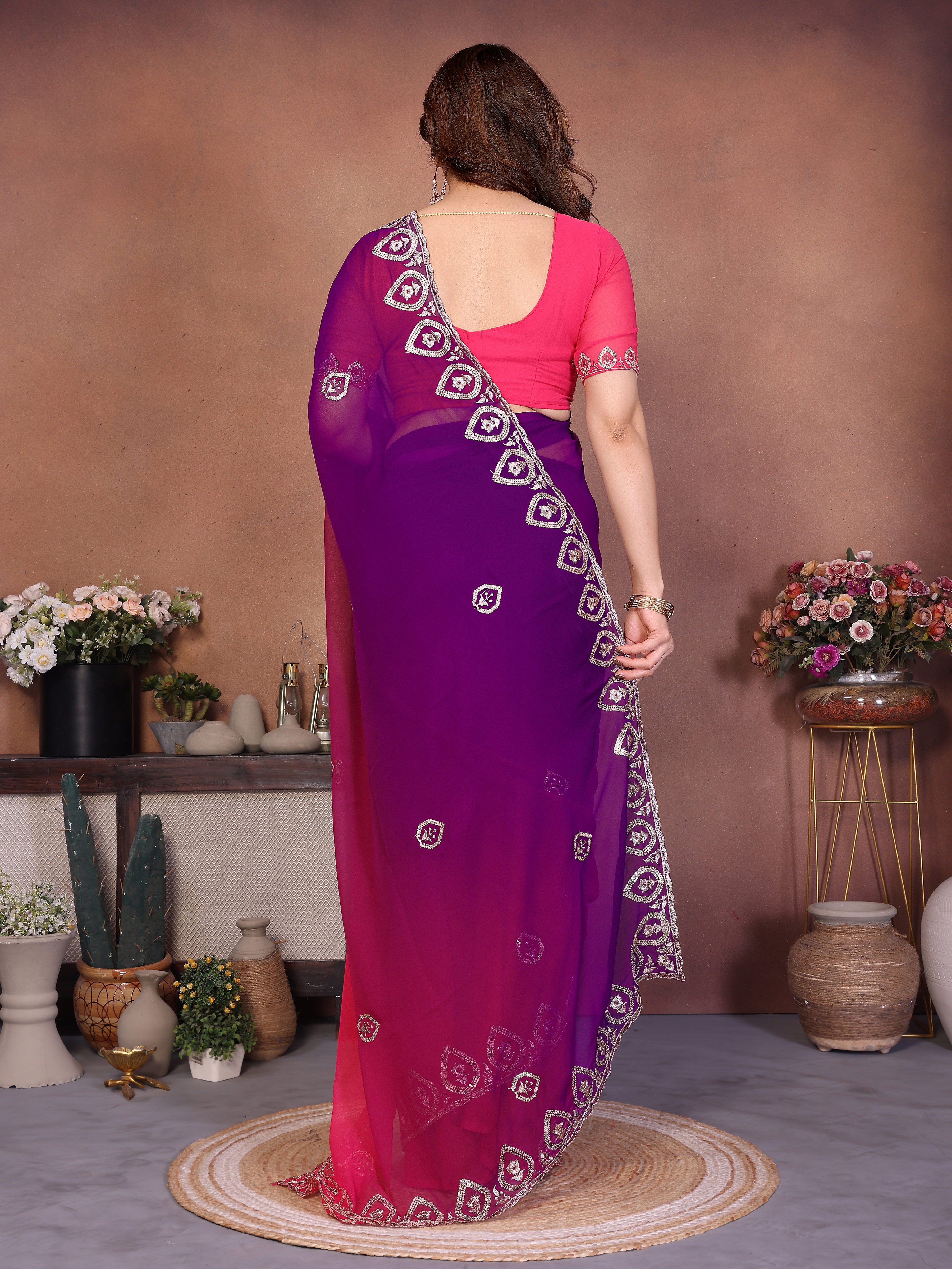 Magenta Georgette Embroidered Saree