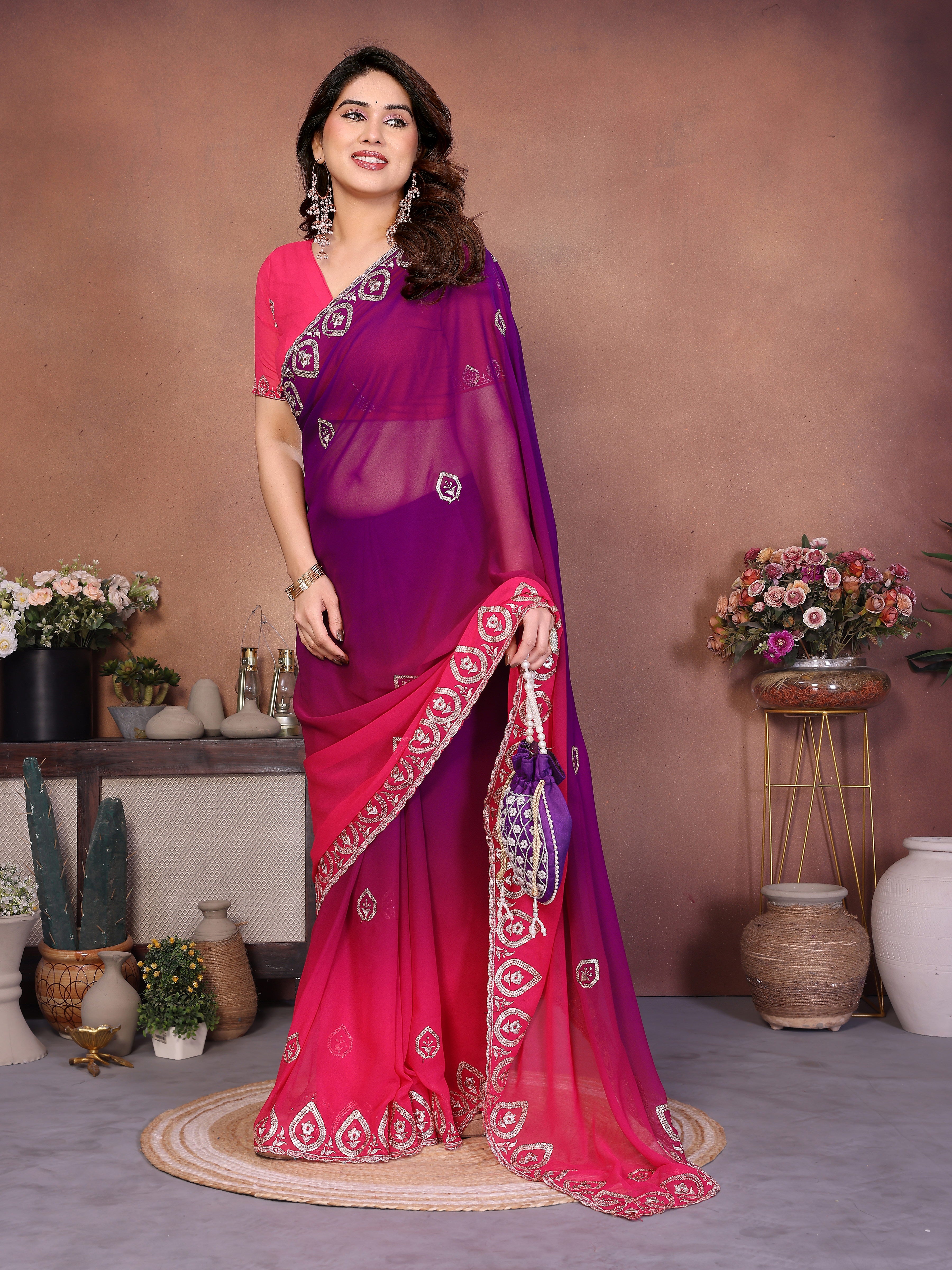 Magenta Georgette Embroidered Saree