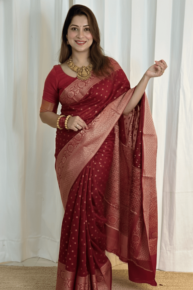 Maroon Silk Woven Banarasi Saree