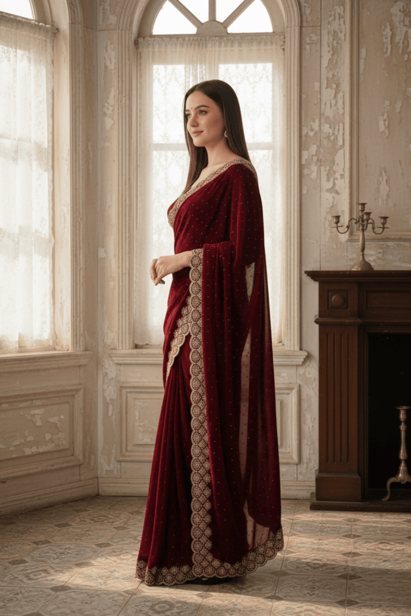 Maroon Soft Silk Swarovski Embroidery Saree