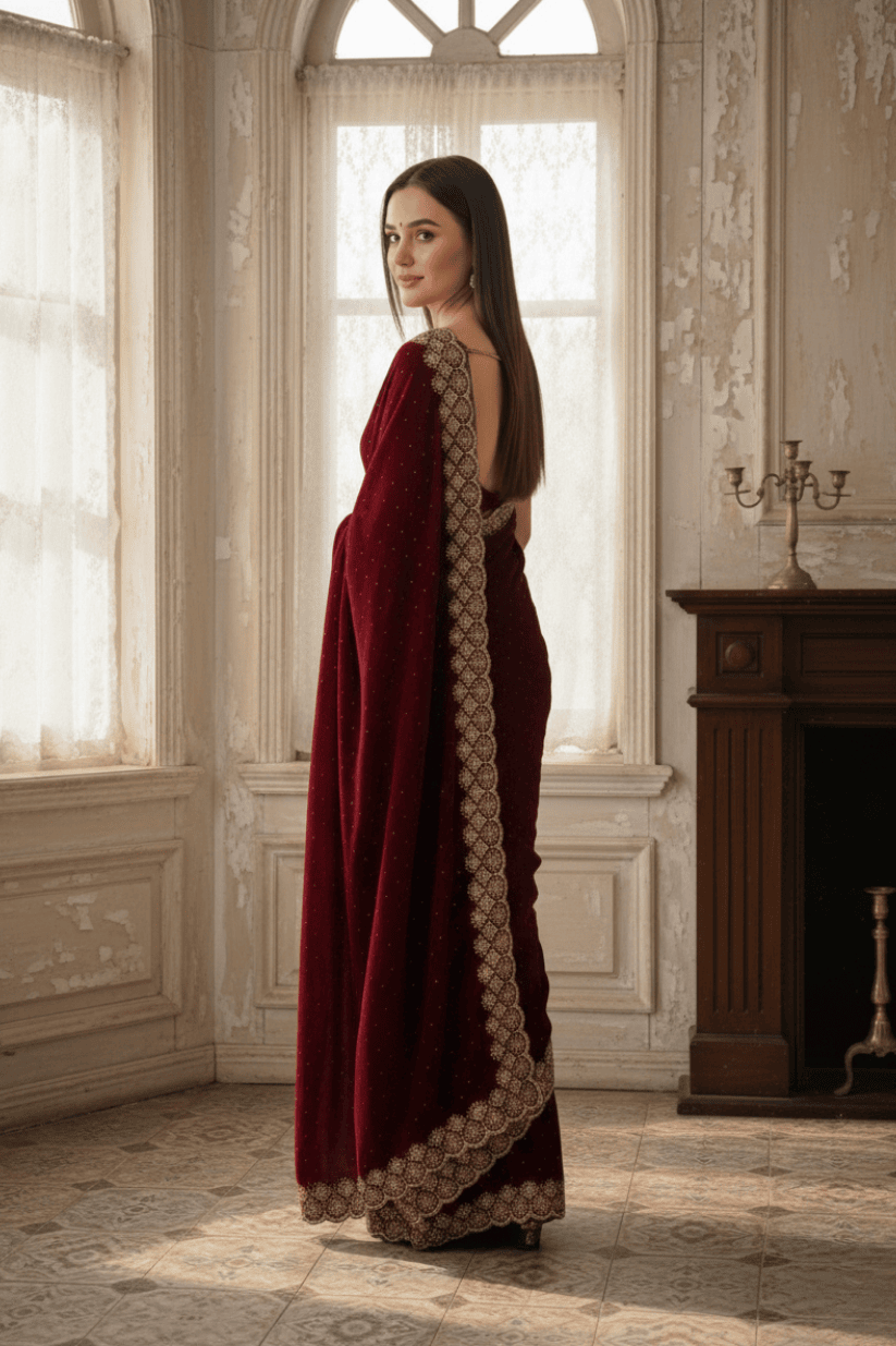 Maroon Soft Silk Swarovski Embroidery Saree