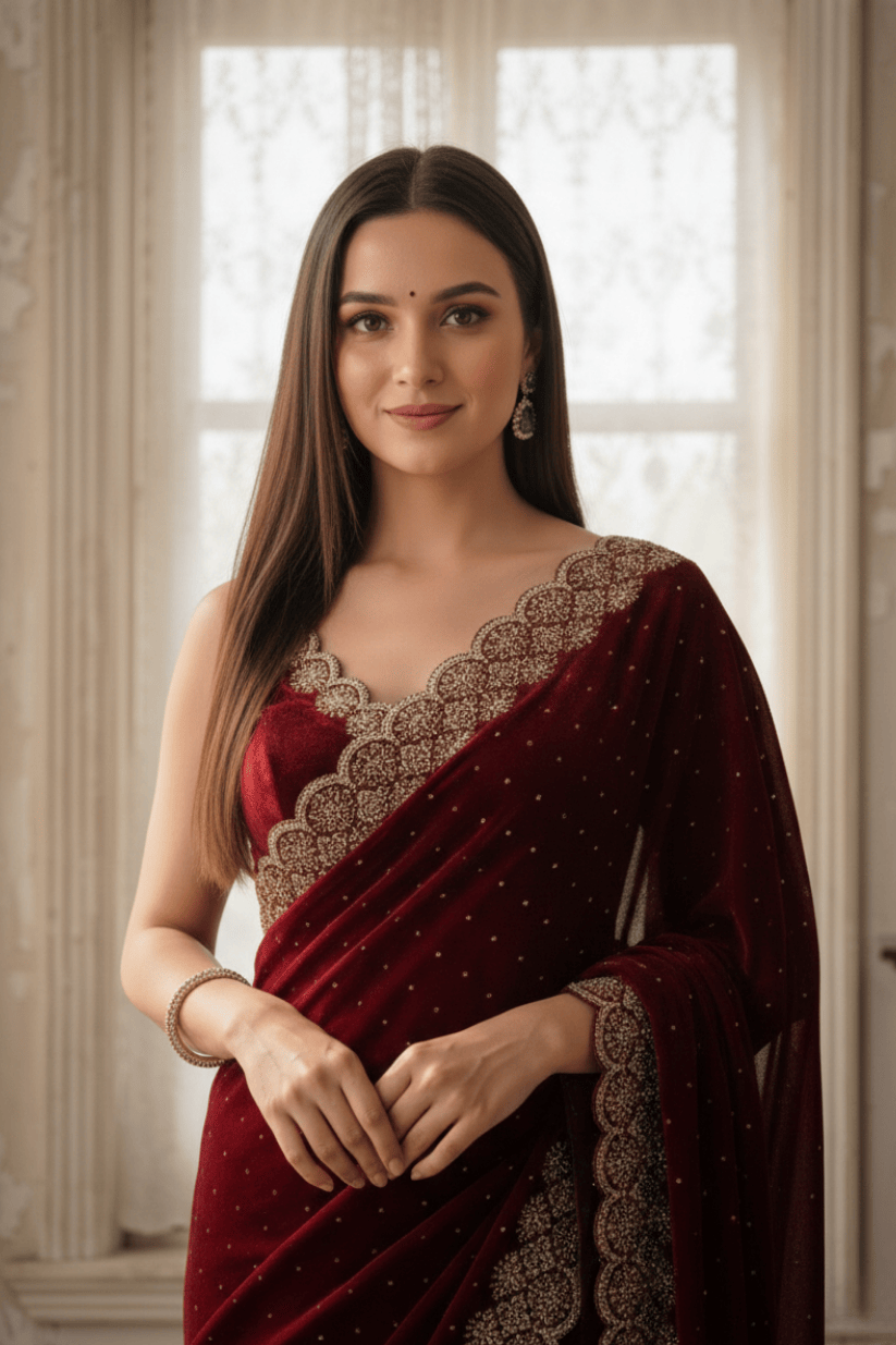Maroon Soft Silk Swarovski Embroidery Saree