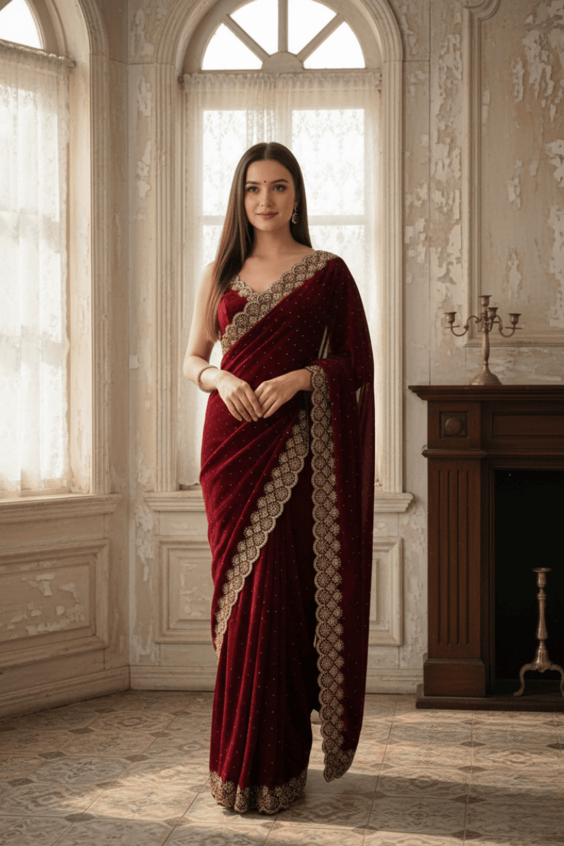 Maroon Soft Silk Swarovski Embroidery Saree