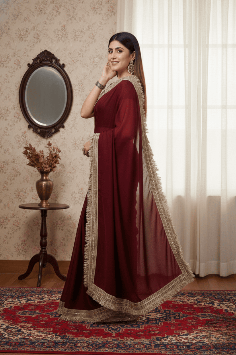 Maroon Solid Georgette Lace Saree