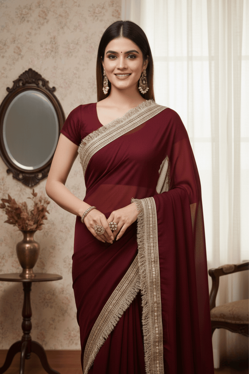 Maroon Solid Georgette Lace Saree