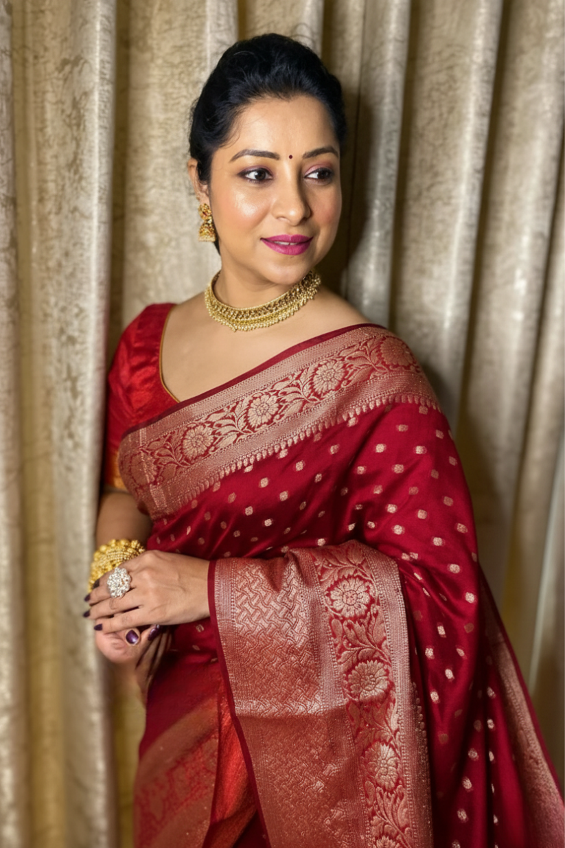 Maroon Silk Woven Banarasi Saree