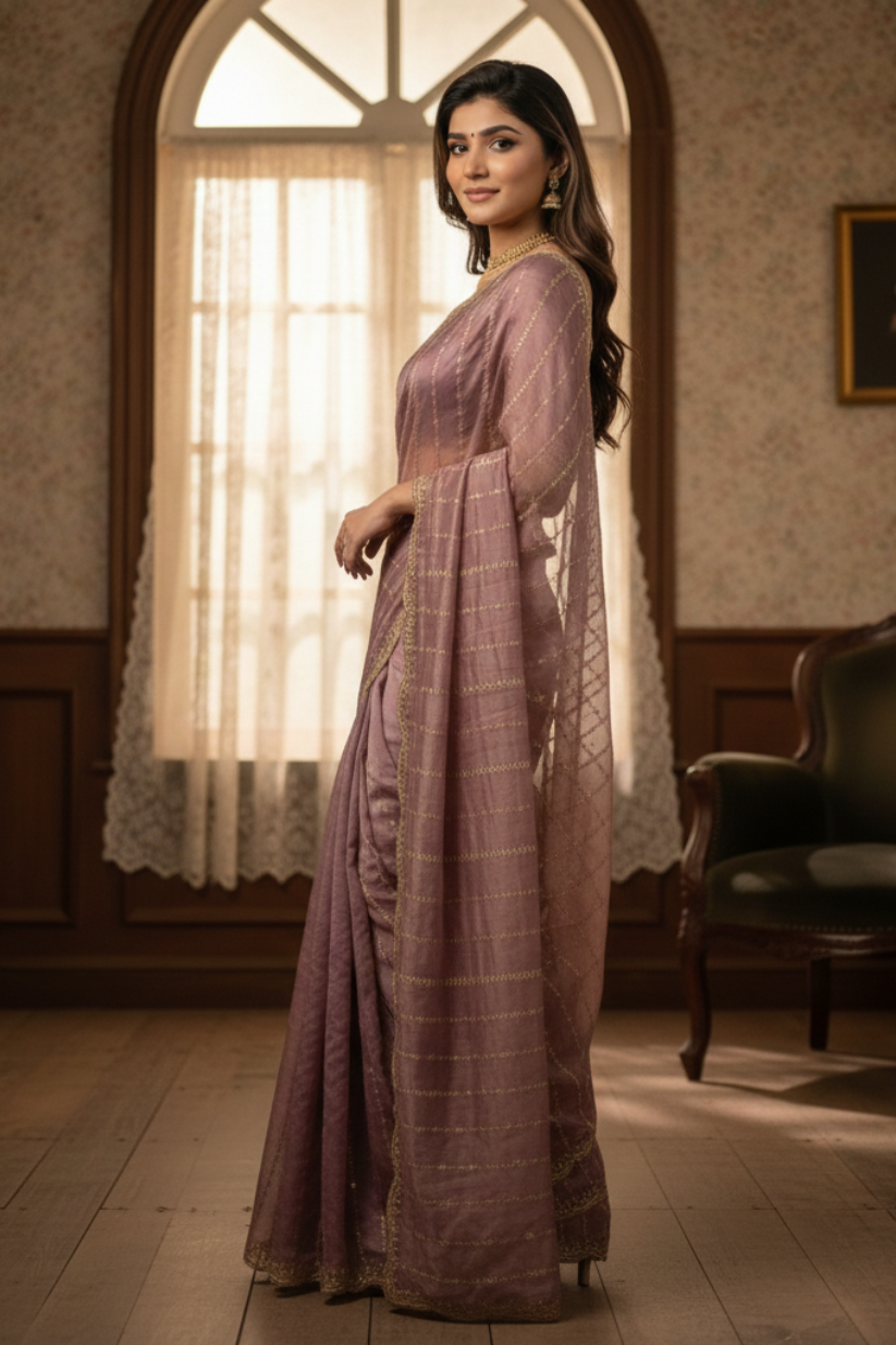 Mauve Fendi Satin Embroidery Saree