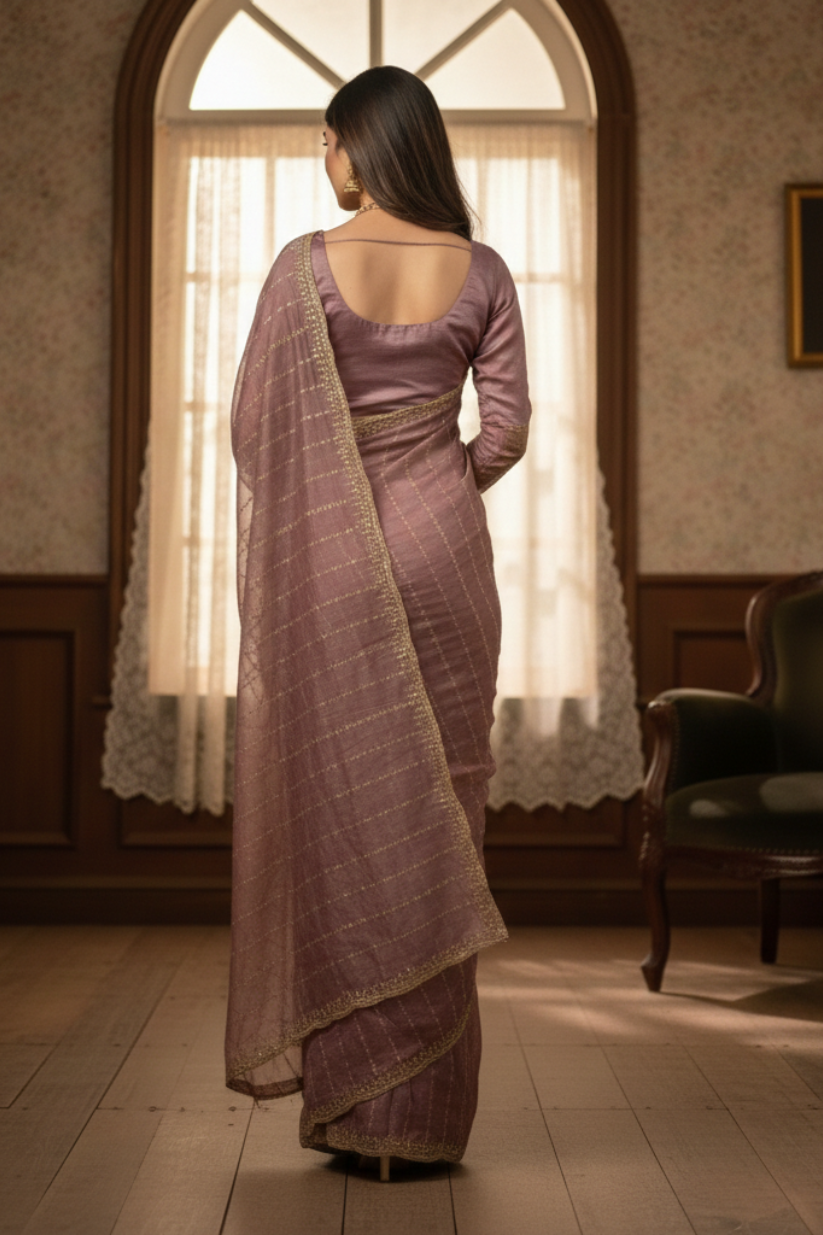 Mauve Fendi Satin Embroidery Saree