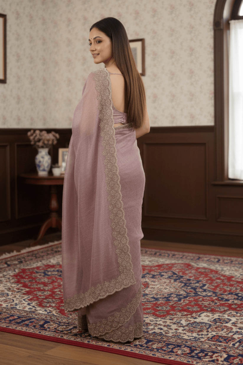 Mauve Soft Silk Swarovski Embroidery Saree
