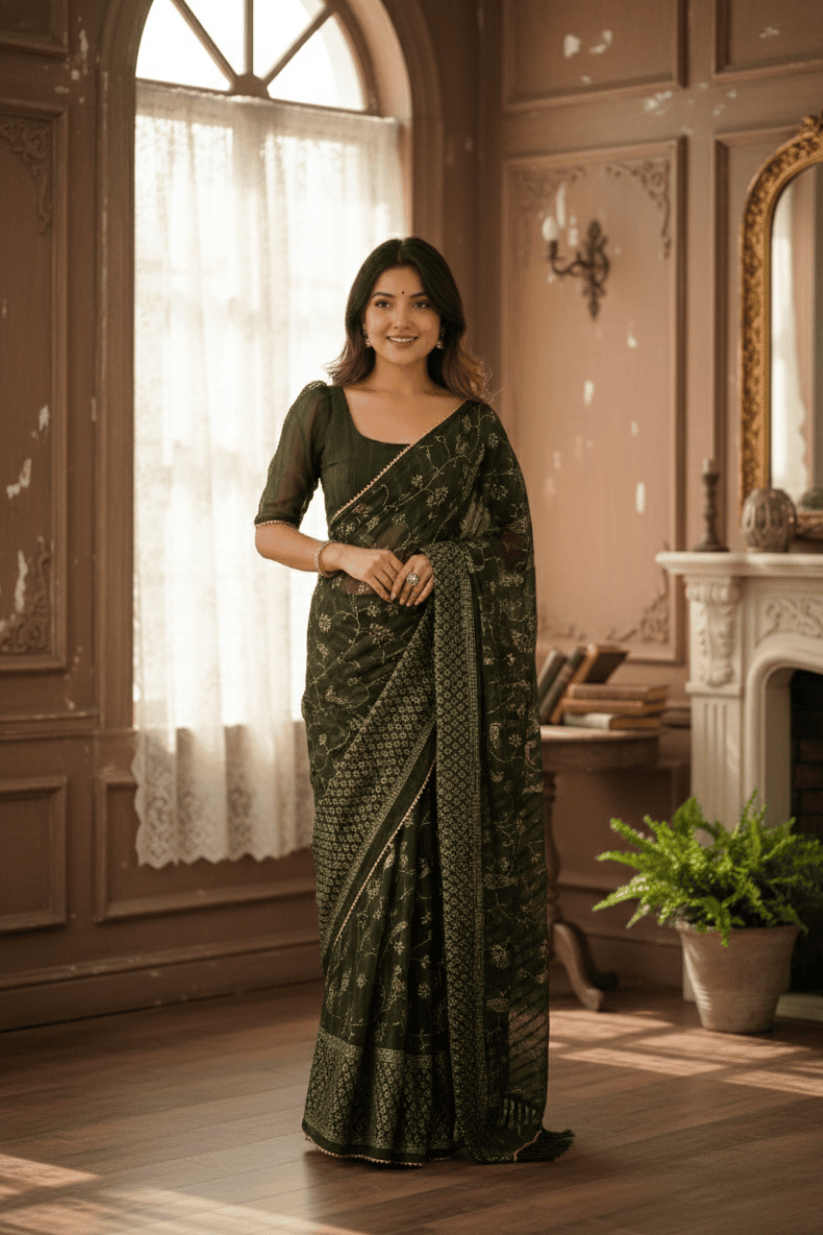 Mehendi Green Foil Printed Georgette Saree