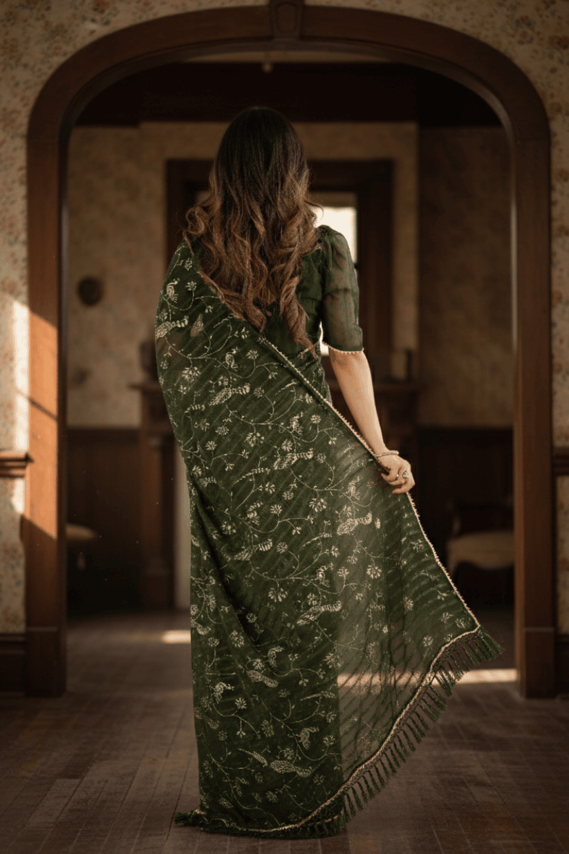Mehendi Green Foil Printed Georgette Saree