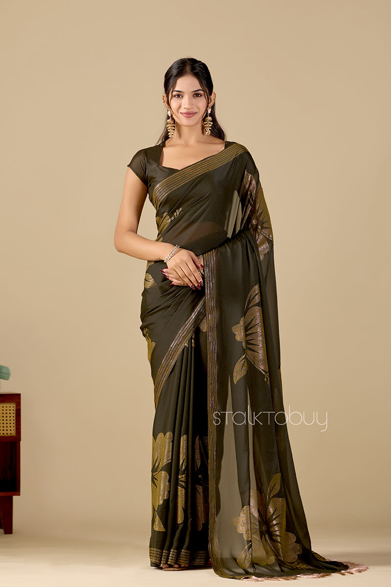 Mehendi Foil Printed Georgette Saree