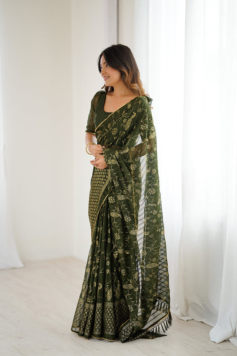 Mehendi Green Foil Printed Gharchola Georgette Saree