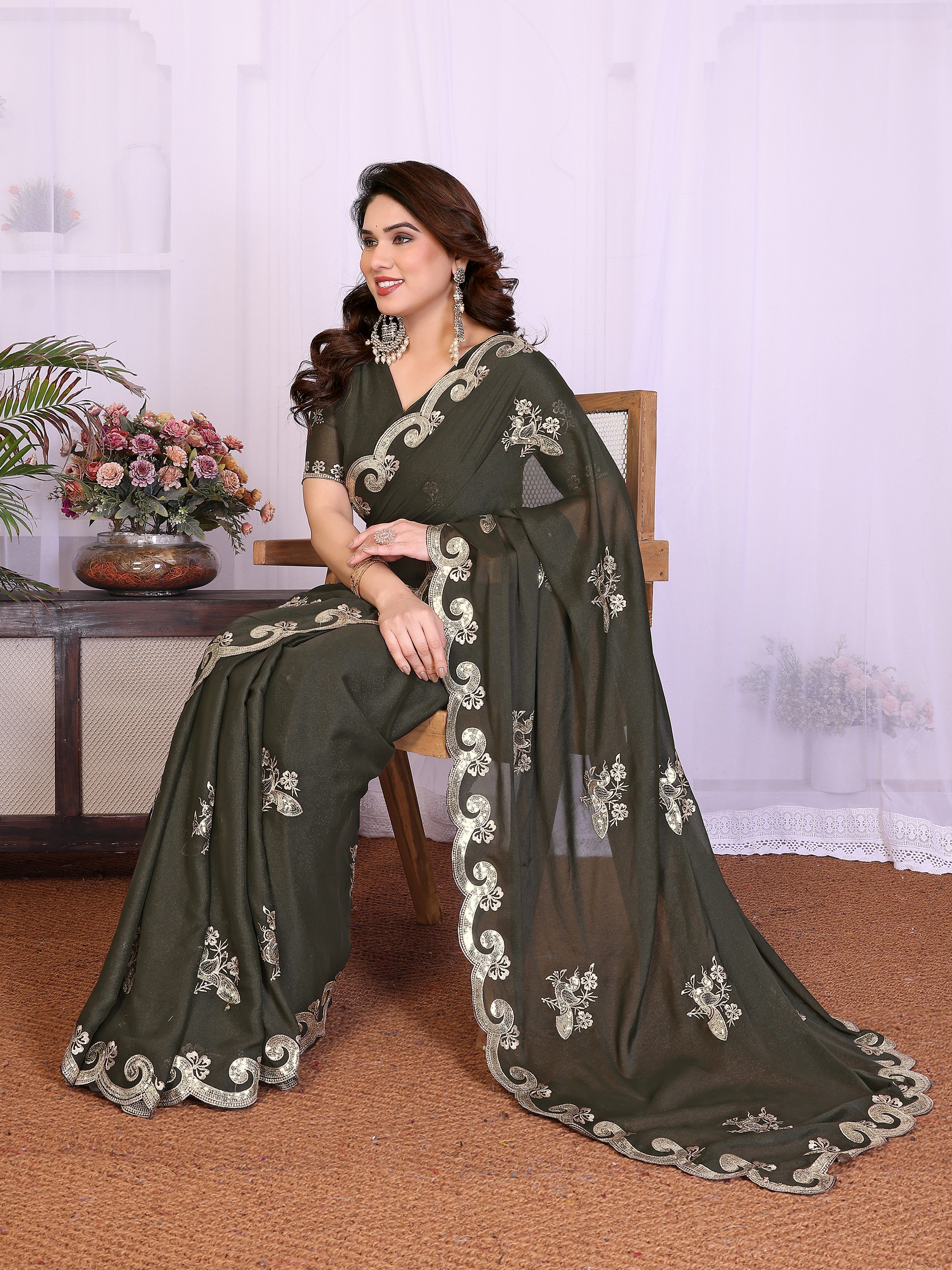 Mehendi Star Georgette Embroidered Saree