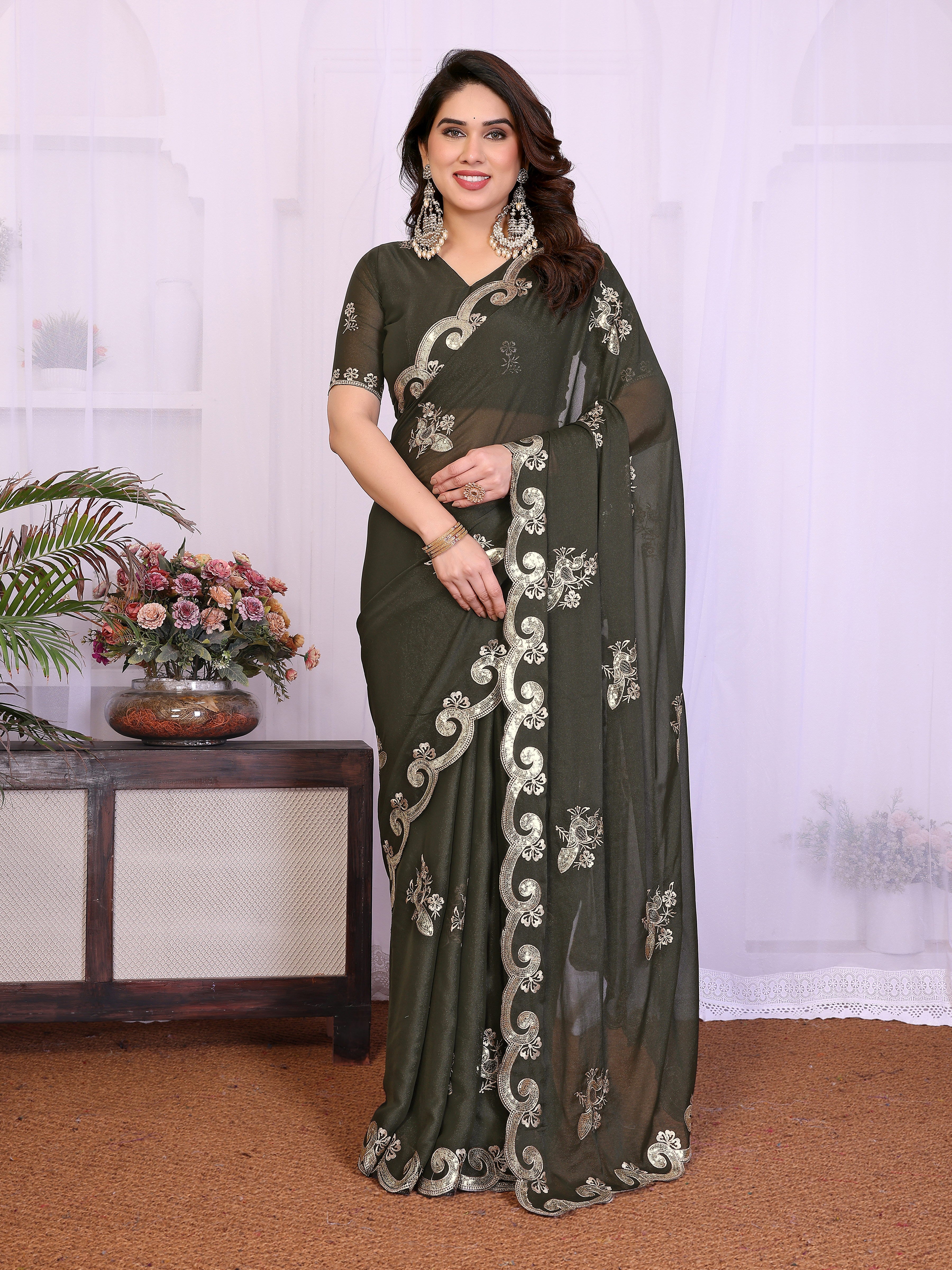 Mehendi Star Georgette Embroidered Saree