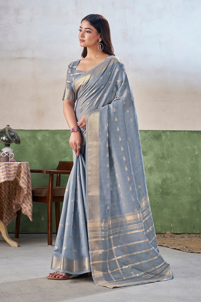 Mist Blue Linen Cotton Saree