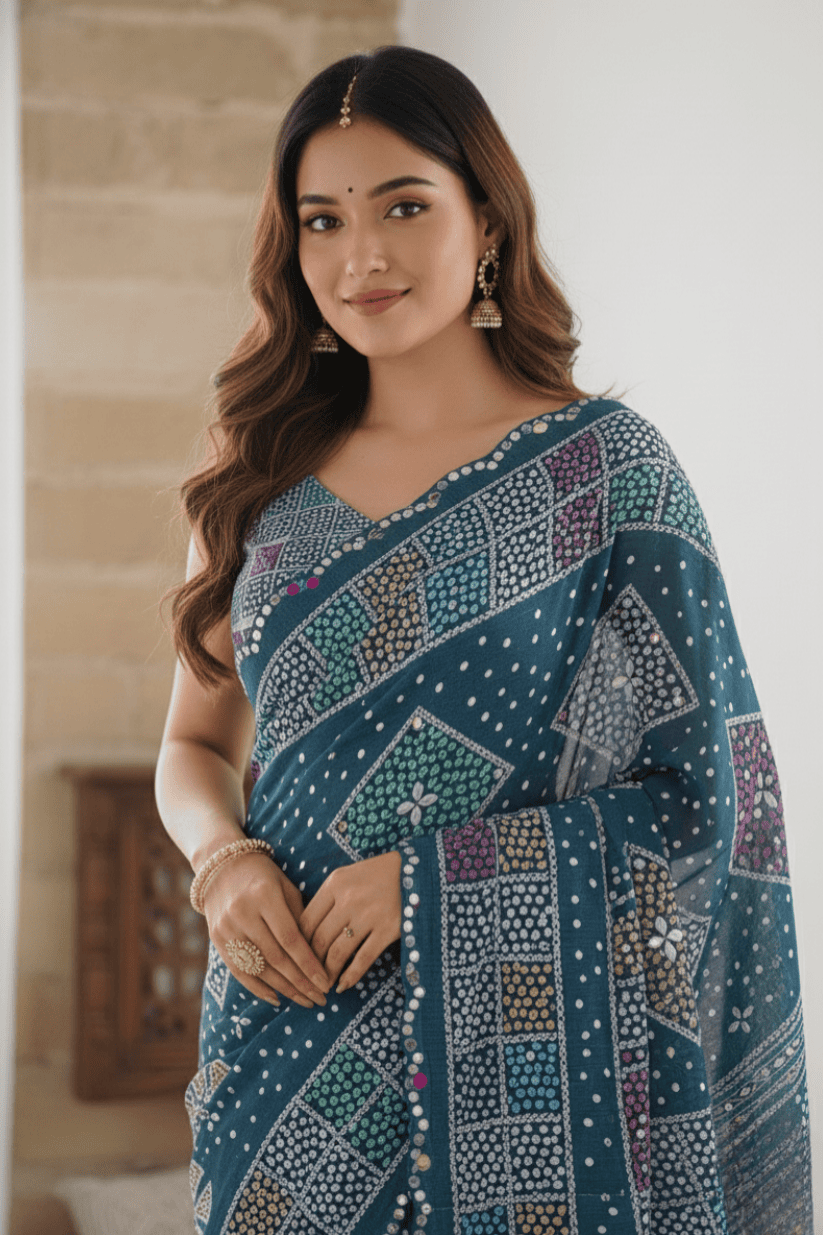Navy Blue Printed Georgette Saree