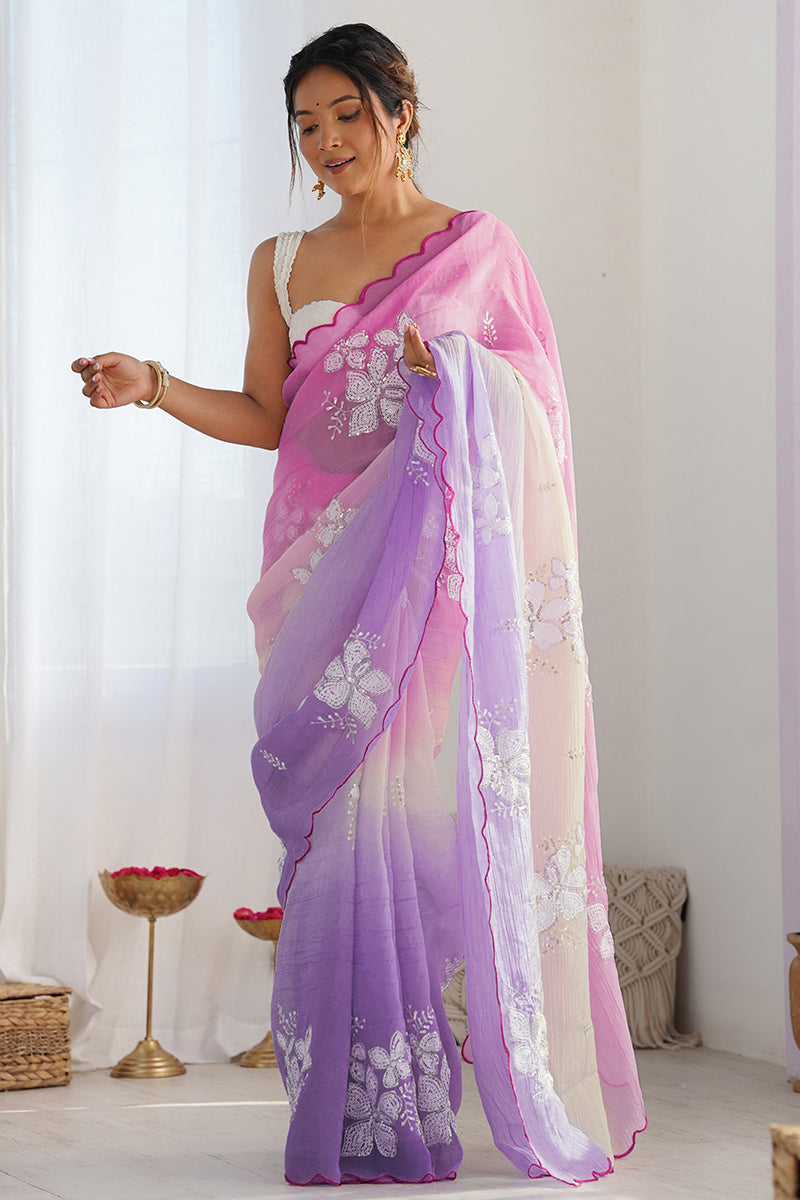 Multi Colored Floral Embroidered Georgette Saree