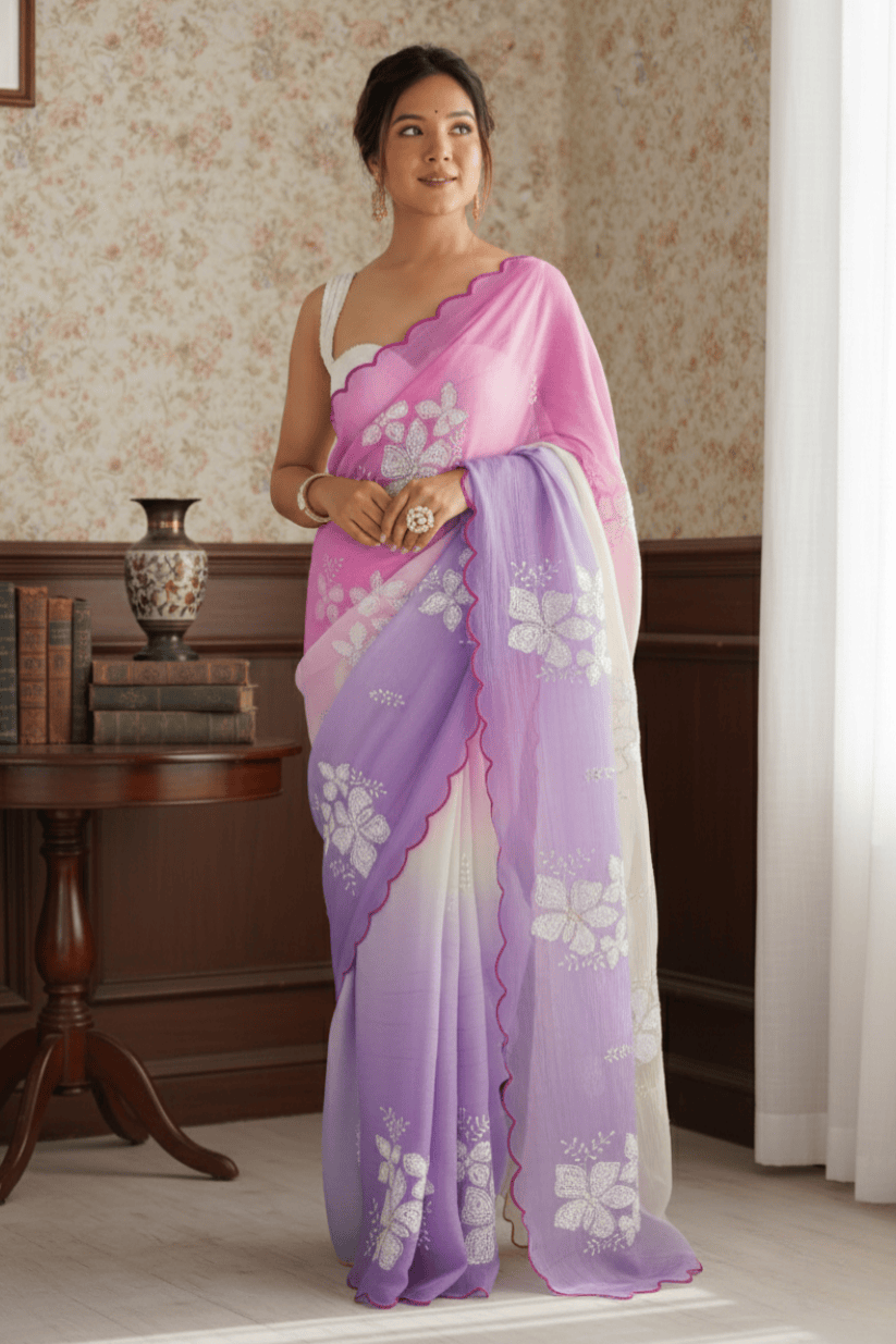 Multi Colored Floral Embroidered Georgette Saree