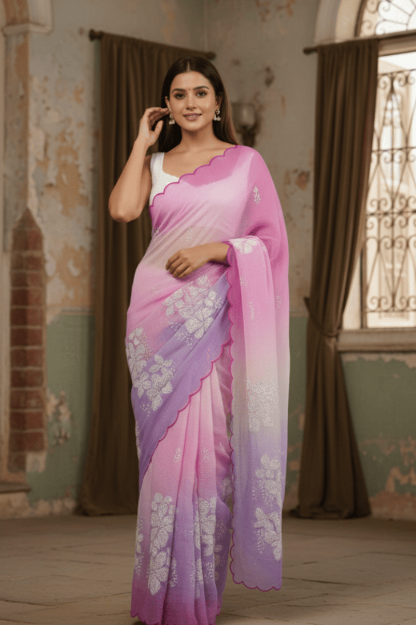 Multi Colored Floral Embroidered Georgette Saree
