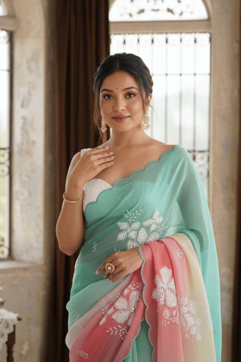 Multi Colored Floral Embroidered Georgette Saree