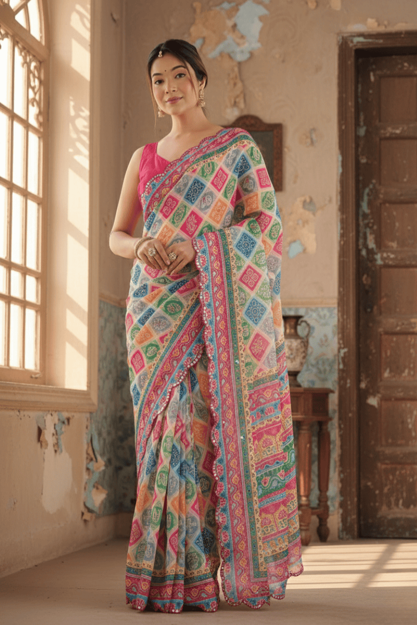 Multi Color Printed Georgette Saree