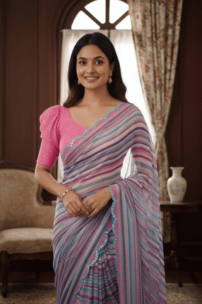 Multi Color Printed Mirror Work Georgette Saree