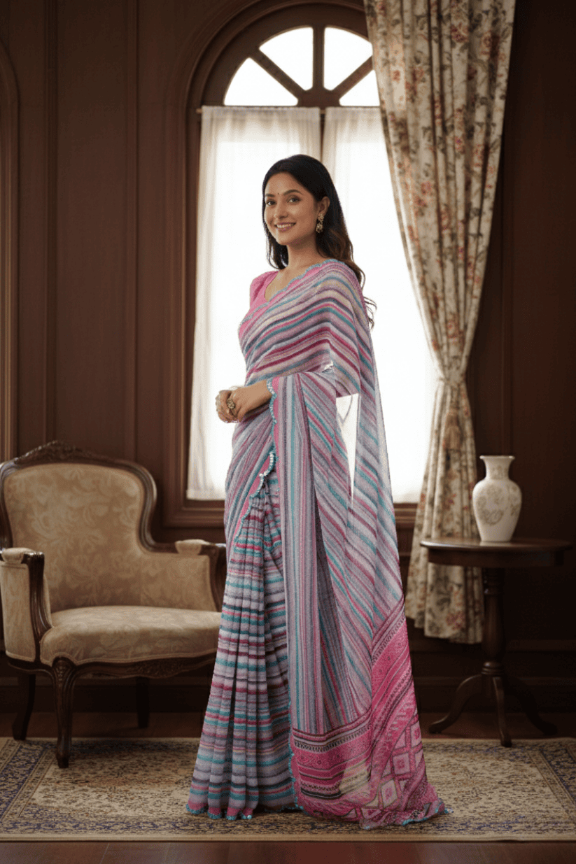 Multi Color Printed Mirror Work Georgette Saree