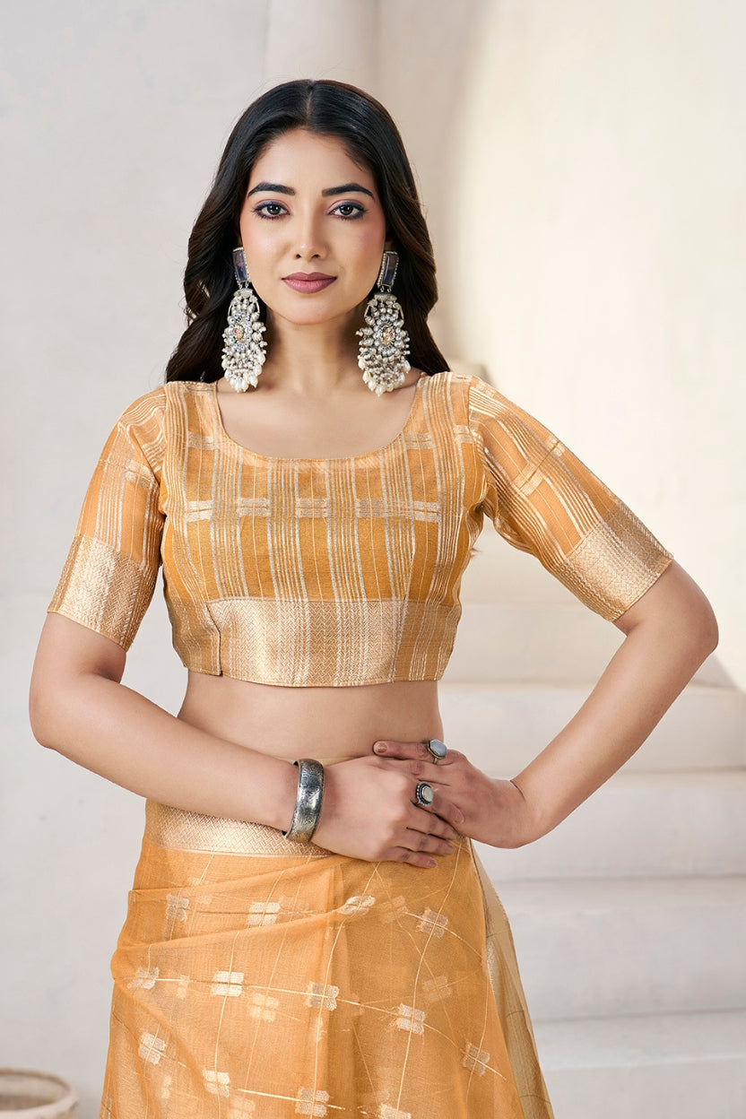 Mustard Linen Cotton Zari Silk Weaving Saree