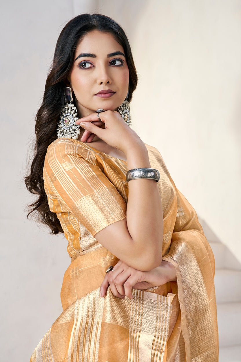 Mustard Linen Cotton Zari Silk Weaving Saree