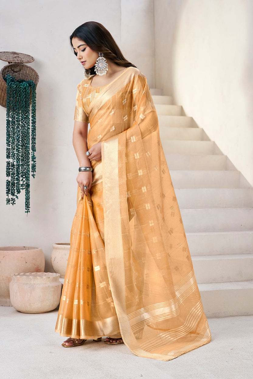 Mustard Linen Cotton Zari Silk Weaving Saree
