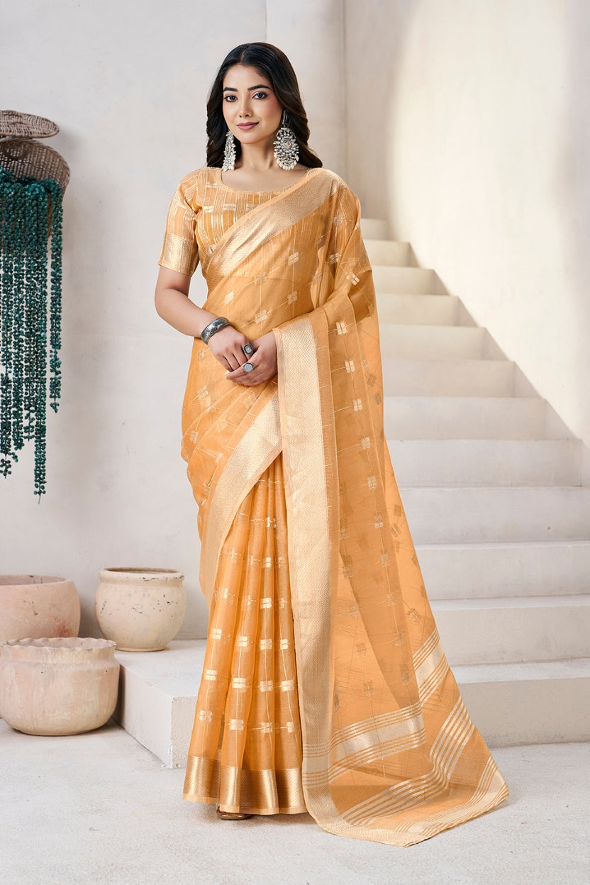 Mustard Linen Cotton Zari Silk Weaving Saree
