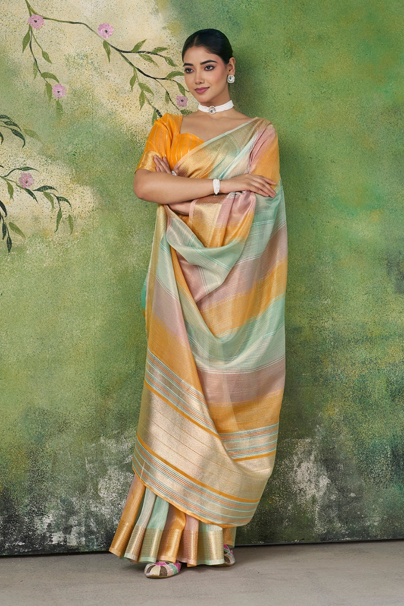 Mustard Linen Cotton Zari Weaving Saree
