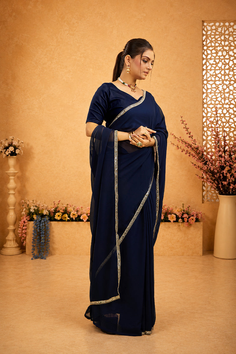 Navy Mirror Lace Georgette Saree