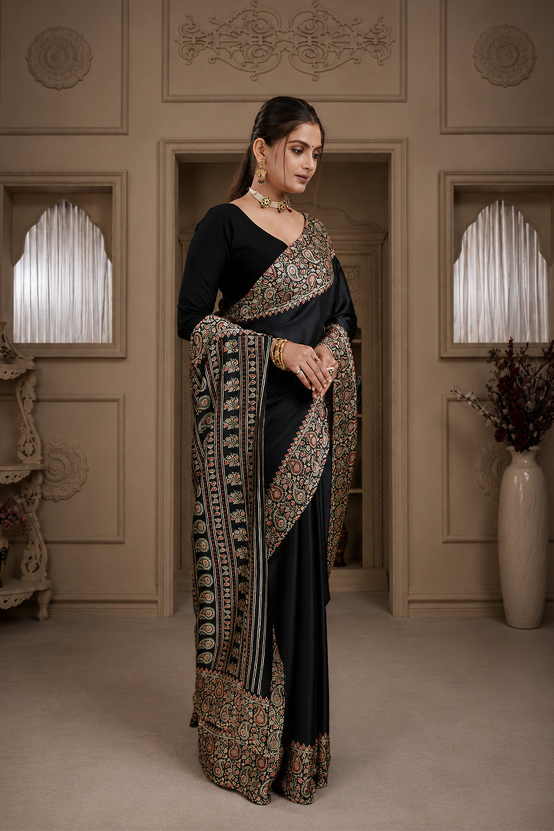 Black Ajrakh Printed Silk Saree
