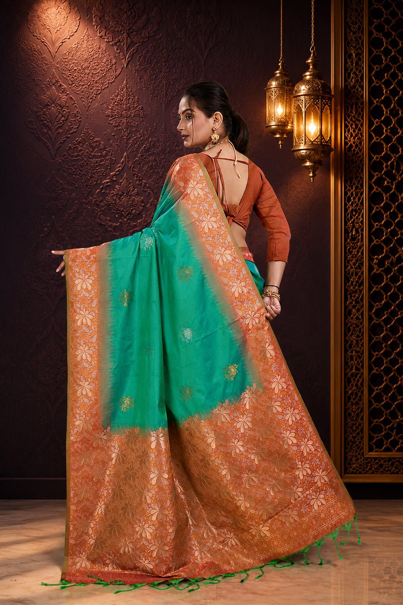 Dark Green Tone Banarasi Handloom Silk Saree