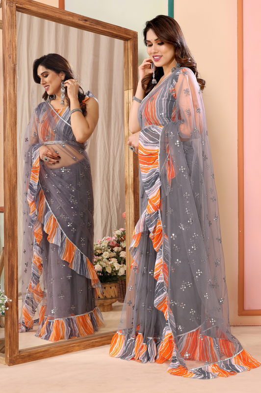 Grey Ruffled Net Fancy Saree