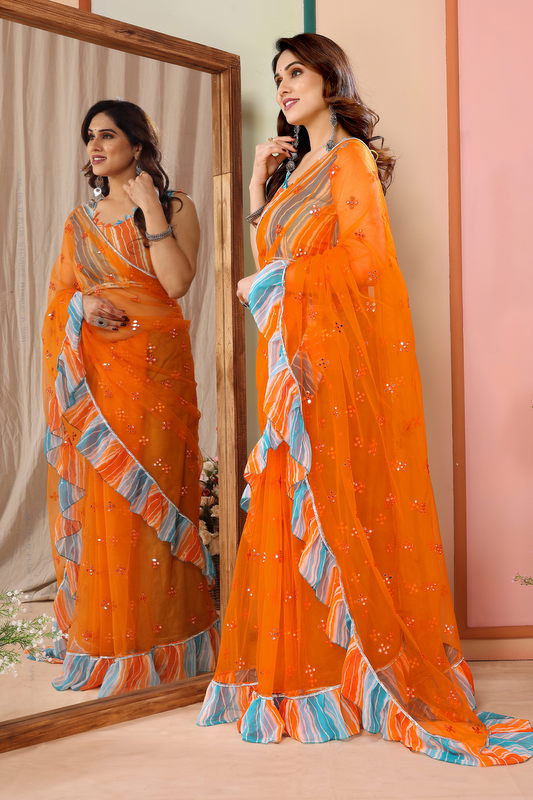 Orange Ruffled Net Fancy Saree