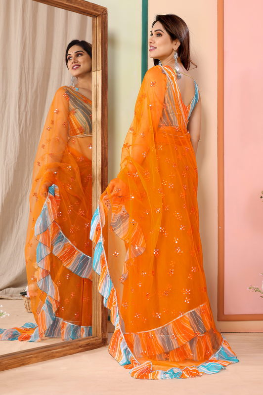 Orange Ruffled Net Fancy Saree