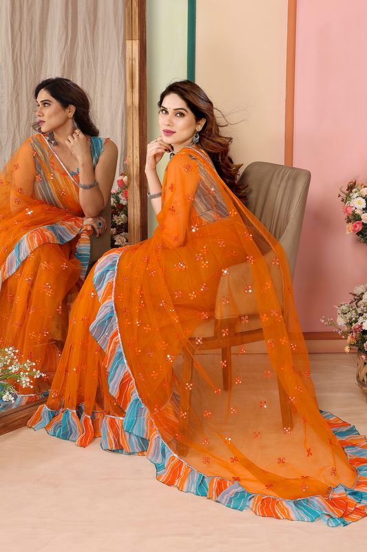 Orange Ruffled Net Fancy Saree