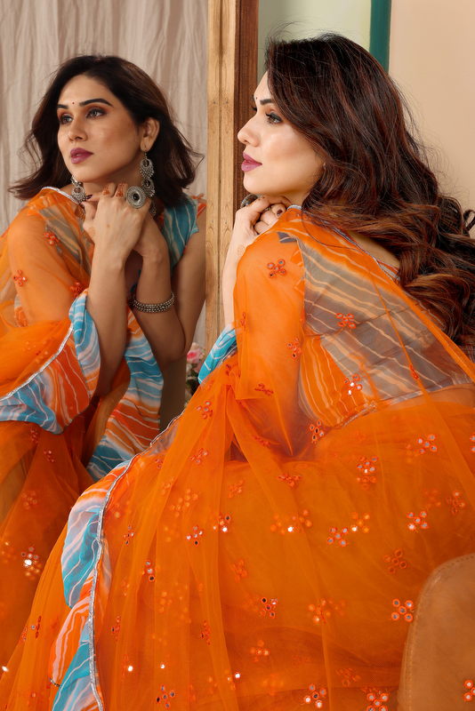 Orange Ruffled Net Fancy Saree