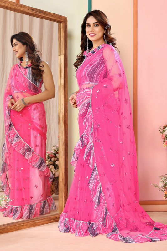 Pink Ruffled Net Fancy Saree