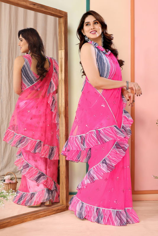 Pink Ruffled Net Fancy Saree