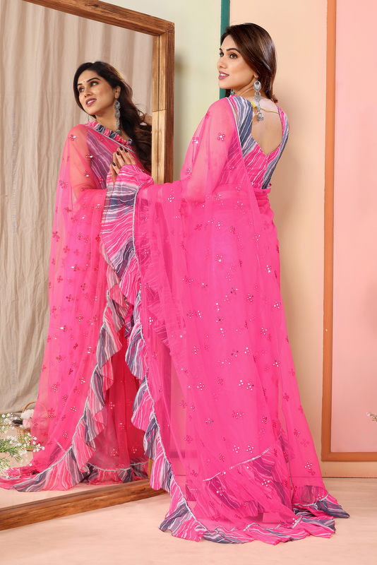 Pink Ruffled Net Fancy Saree