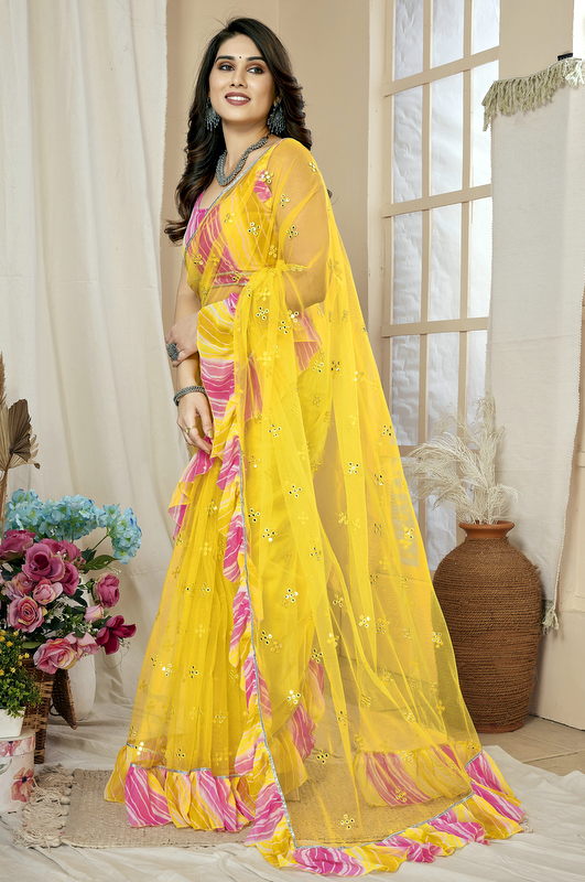 Yellow Ruffled Net Fancy Saree