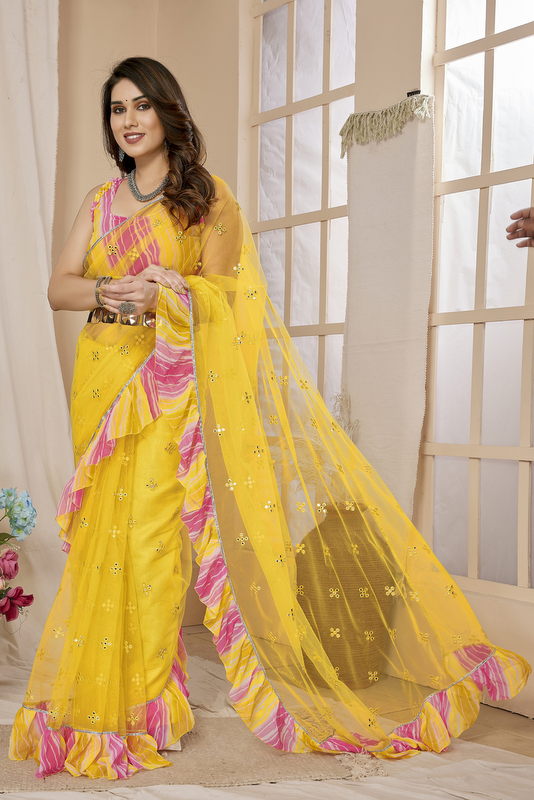 Yellow Ruffled Net Fancy Saree