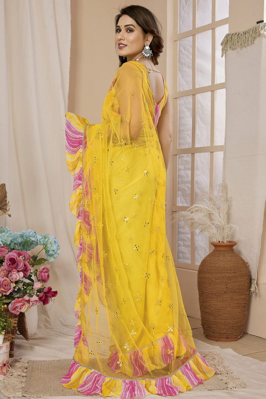 Yellow Ruffled Net Fancy Saree