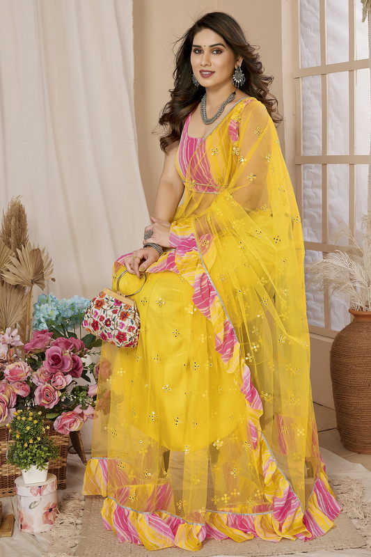 Yellow Ruffled Net Fancy Saree
