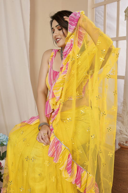 Yellow Ruffled Net Fancy Saree