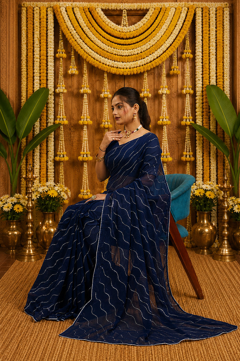 Navy Beaded Swarovski Georgette Fancy Saree
